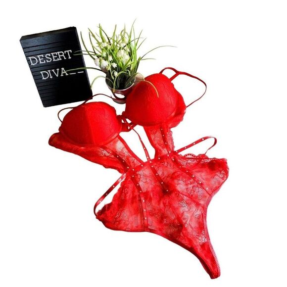 Body Rage Womens Lingerie Red L Padded Underwire Thong Sexy Studded - Picture 1 of 8